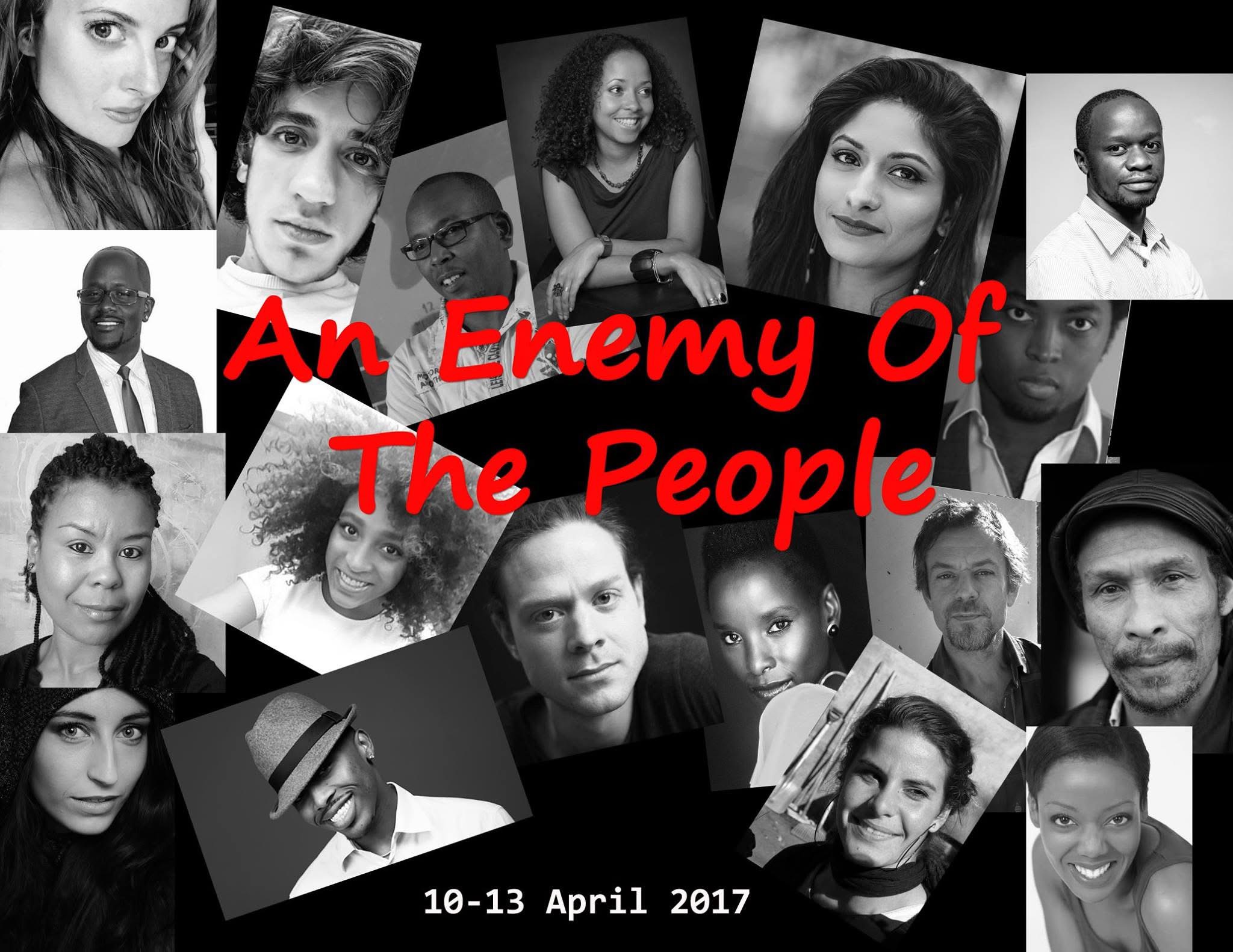 Original 2017 playbill for An Enemy of the People with a collage of ensemble portraits on a black ground.