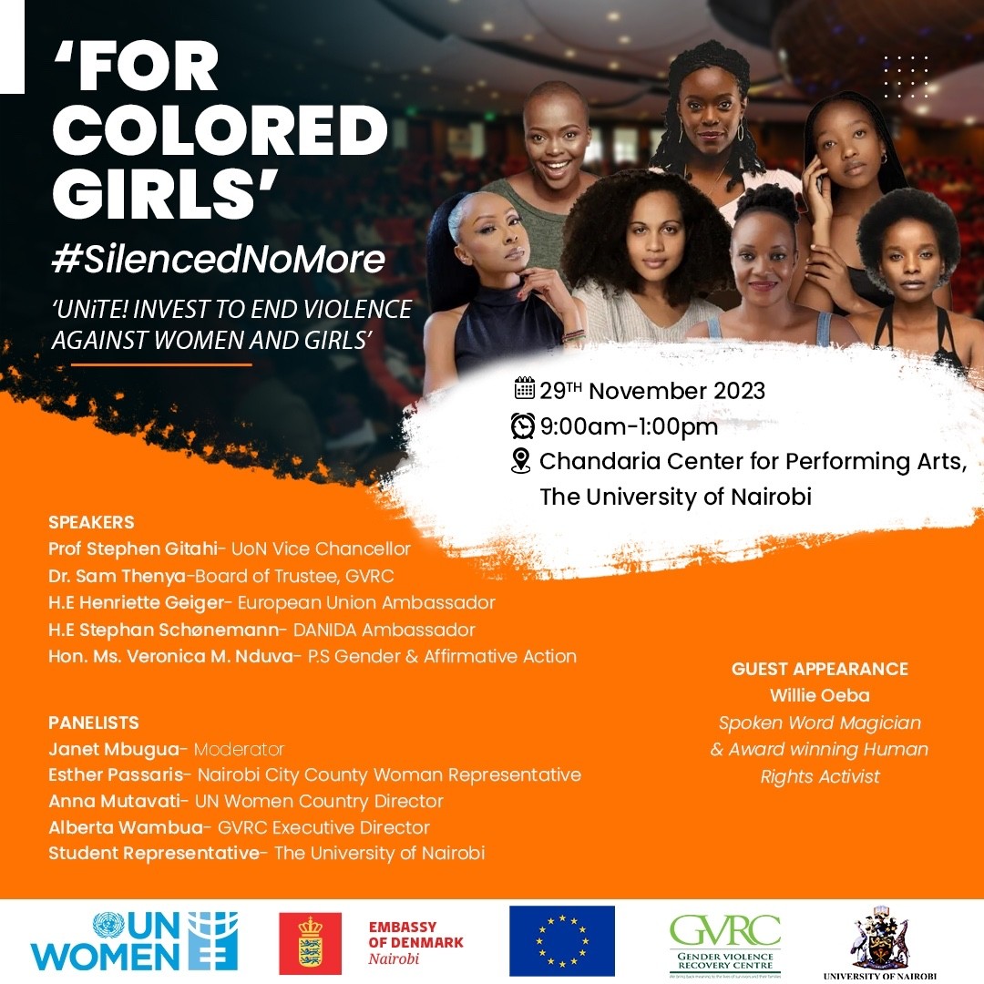 Promotional poster for For Colored Girls under the Silenced No More initiative at Chandaria Center for Performing Arts, University of Nairobi, showing the cast, event details, speakers, panelists, guest appearance, and partner logos.